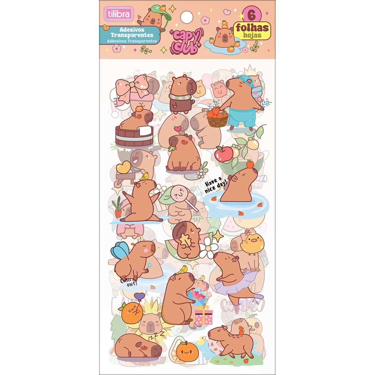 adesivo-decorado-transparente-capyclub-6-folhas-394858-e1.jpg Blister 6 Folhas Adesivo Capyclub Fundo Transparente - Tilibra - Imagem 1