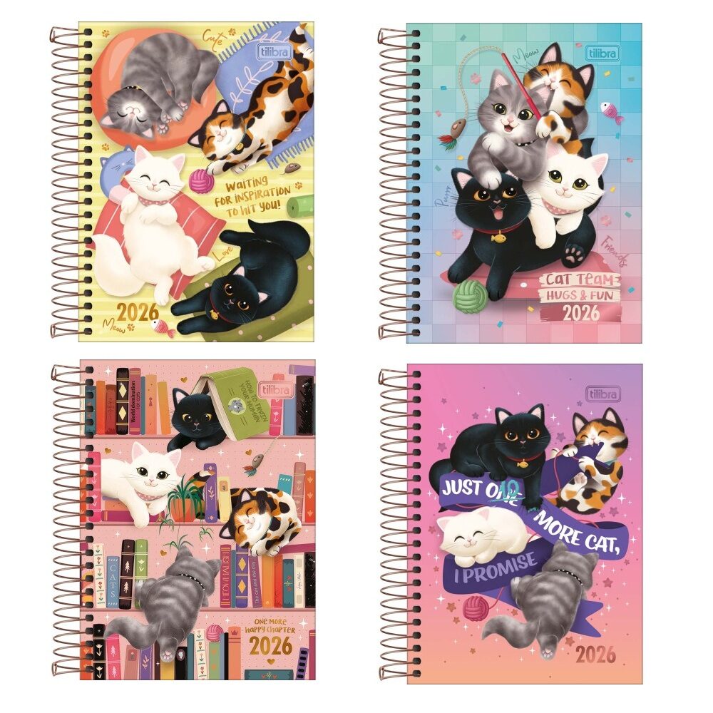agenda-puurfect-cats-2026-tilibra.jpg Agenda 2026 Espiral Purrfect Cats 110x154mm – Tilibra - Imagem 1