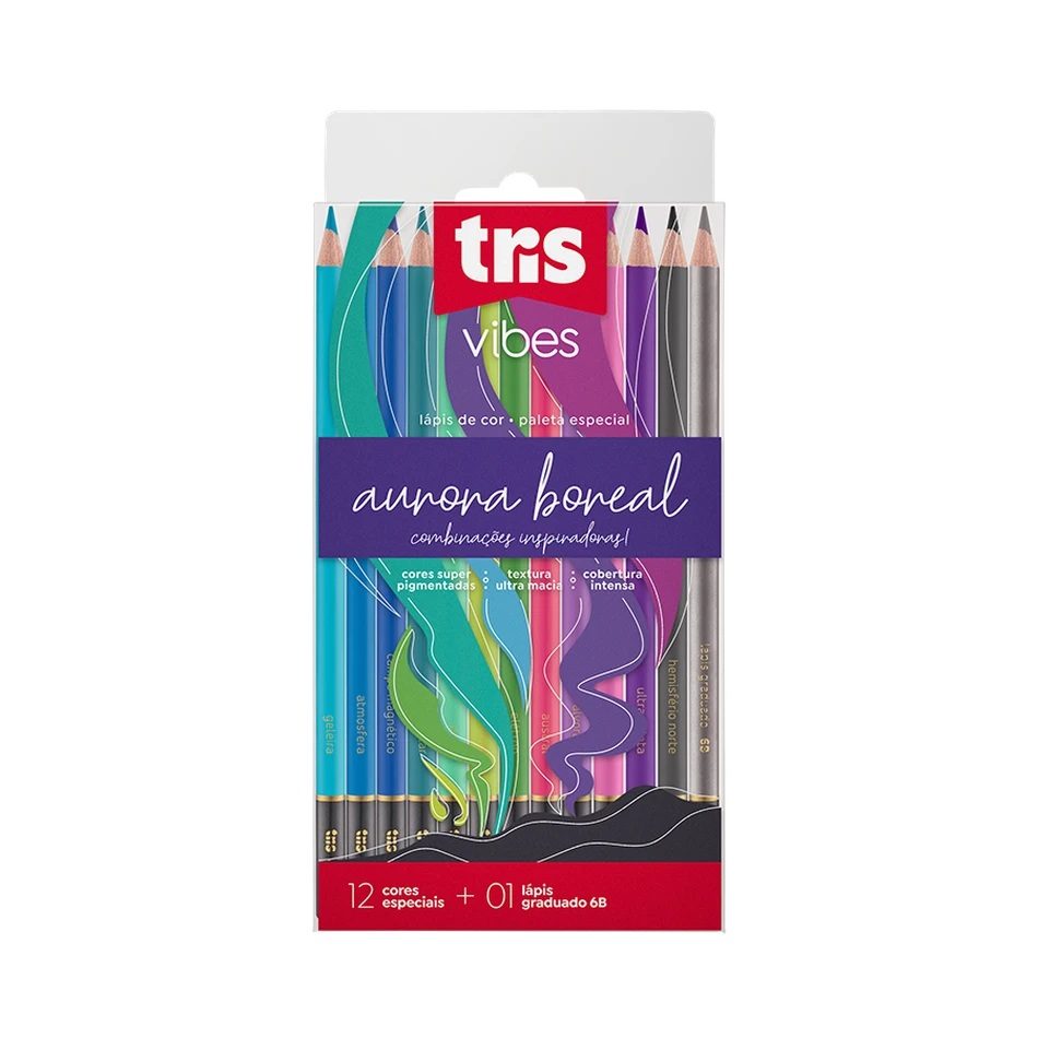lapis-de-cor-aurora-boreal.jpg Lápis De Cor Vibes Aurora Boreal 12 Cores + 1 Lápis 6B - Tris - Imagem 1